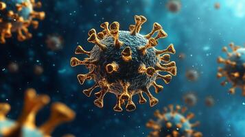Microscopic image of a virus cell with golden spike proteins, set against a backdrop of blurred viral particles in an environment. photo