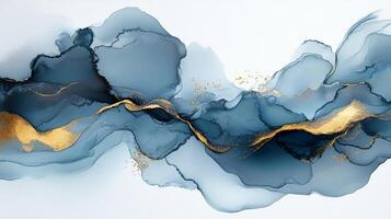 Abstract ink art with swirling blues and gold accents creating depth and texture. Fluid design on a white background. Great for backdrop. photo