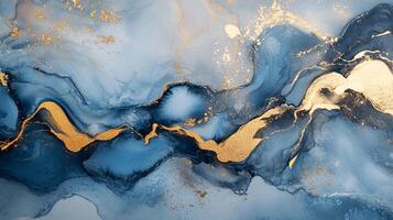 Abstract fluid art in hues of blue with golden accents, creating a luxurious and dynamic visual texture. Evokes depth and elegance. photo
