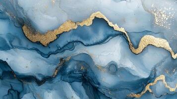 Serene blue and gold abstract waves flow across the canvas, creating a sense of depth, luxury, and ethereal beauty in fluid motion. photo