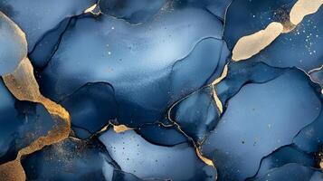 Abstract artwork of flowing blues and shimmering gold, reminiscent of celestial bodies or deep ocean currents, creating a luxurious feel. photo