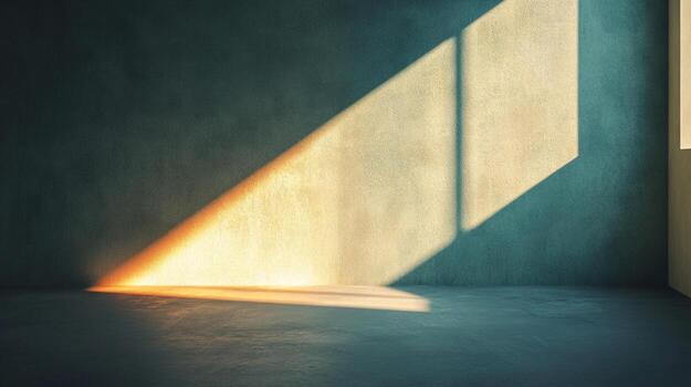 Sunlight streams through a window, creating a captivating geometric pattern on the textured wall and floor, evoking a sense of peace. photo