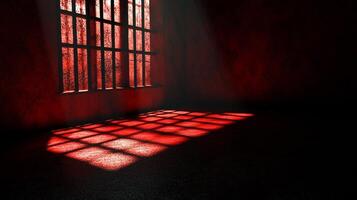 A cell with iron bars glows in red light. The light illuminates the prison floor with grid patterns, creating a sense of confinement. photo