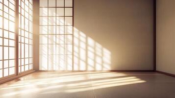 Bright room with sunlight streaming through large windows, creating a serene, peaceful atmosphere. Clean minimal interior design element. photo