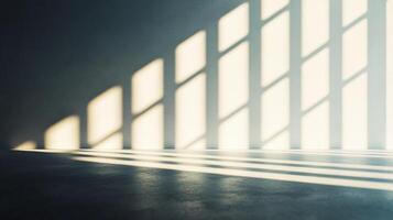 Sunlight streams through a window, casting light and shadow patterns on the wall and floor, illuminating the space with a soft glow. photo