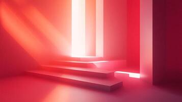 An abstract architectural view with dramatic lighting and a red monochrome palette creates a sense of depth and minimalist design. photo