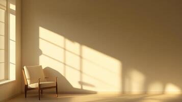 Sunlit corner with cream armchair casting geometric shadow patterns across the wall and floor creates a minimalist ambiance in a modern setting. photo