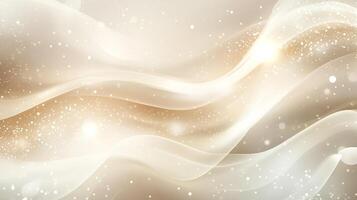 Elegant abstract flowing forms in soft beige and white, adorned with sparkling bokeh, evoke sophistication and gentle movement. photo