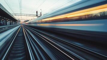 High-speed train streaks past a station, blurring motion creating dynamic lines, and a sense of modern transport on iron roads. photo