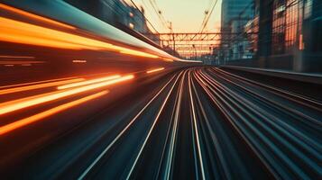 High-speed train motion blur on rail tracks, creating dynamic abstract image of urban transportation and technology with a sunset backdrop photo