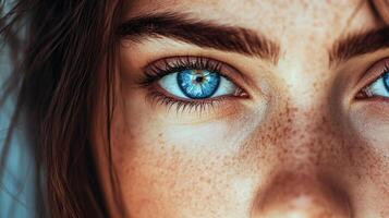 Close-up portrait showcases a person's striking blue eye, emphasized by warm skin tones, freckles, and flowing brown hair. Intense gaze. photo