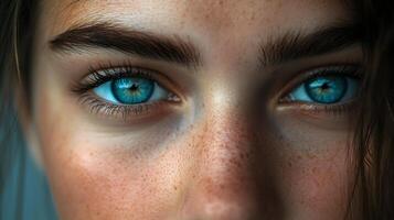 Close-up of striking blue eyes framed by defined eyebrows and sprinkled with freckles, creating an intimate and captivating gaze. photo