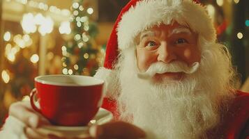 Santa Claus holds a steaming cup in a cozy, festive setting, perfect for a warm holiday moment. Jolly Santa shares the holiday cheer photo