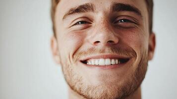 Close-up of a smiling man with freckles. His expression radiates happiness and confidence, showcasing a healthy, bright smile. photo