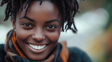 Radiant smile of a woman with short dark dreadlocks, captured in a close-up with a blurred background enhancing the focus on her features. photo