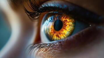 A mesmerizing eye, macro shot, with a vibrant iris resembling fiery flames. Beautiful detail and color creating an enchanting and unique look. photo
