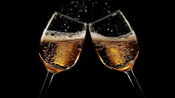 Two sparkling glasses clinking in celebratory cheers, set against a dark backdrop, creating a sense of joyful intimacy and togetherness. photo