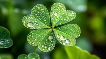 A lucky four-leaf clover sparkles with glistening water droplets, creating a mesmerizing display of nature's beauty and hope. photo