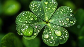 Close-up of a vibrant green four-leaf clover covered in sparkling water droplets, symbolizing luck and freshness in a natural setting. photo