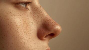 Close up of a woman's freckled face. Her skin is fair and slightly shiny. Her eye and nose are visible in profile against a neutral background. photo