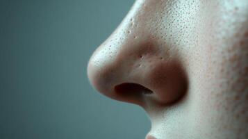 Close-up view of a human nose exhibiting skin pores and texture against a neutral backdrop. The image highlights skin health. photo