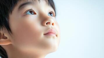 A young child gazing upwards with wonder and anticipation, bathed in soft, natural light. The focus is on their expressive eyes. photo