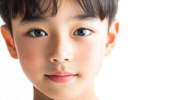 Close-up portrait showcasing the radiant complexion and captivating gaze of a young boy, set against a pristine white backdrop, highlighting youth. photo