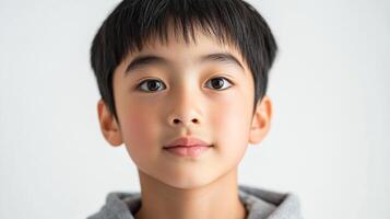 Portrait of a young boy with dark hair looking directly at the camera against a plain white background in a studio setting. photo