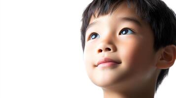 A young boy gazes upwards with a slight smile. He seems to be lost in thought or imagination, his eyes bright and full of wonder. photo