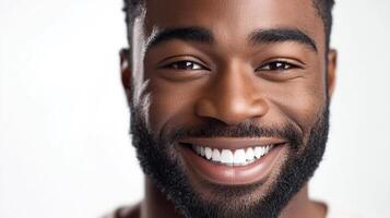 Portrait of a cheerful man with a beard and beaming white teeth, set against a plain background, radiating positivity and confidence. photo
