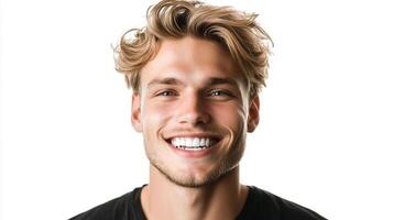 A close-up of a smiling young man with blond hair against a white background, creating a clean and inviting portrait. photo