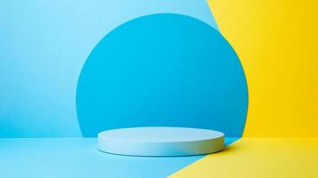 Minimalist podium with a backdrop of pastel blue circle and yellow angular elements, ideal for product display and advertising concepts. photo