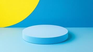 A minimal scene with a blue podium against a backdrop of yellow and blue. Ideal for showcasing products with simplicity and clarity. photo