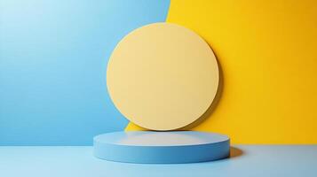 Minimalist studio shot of a blue platform with a yellow circle against blue and yellow background. Space for product presentation. photo