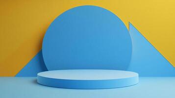 A simple, contemporary platform in varying shades of blue with yellow backdrop elements arranged in geometric shapes, perfect for product placement. photo