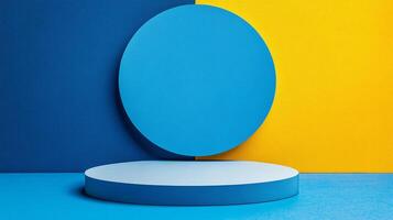 Abstract geometric scene featuring a blue circle, platform stage, and a split yellow and blue background. Perfect for product placement. photo