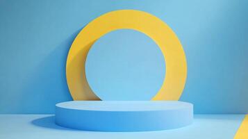 Modern minimalist display stage with cylindrical platform and circular backdrop in bright yellow and blue against a blue backdrop. photo