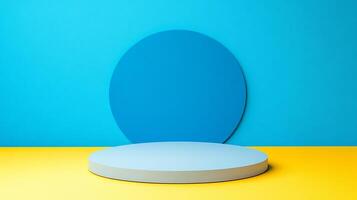 Minimalist display platform featuring a light blue circular stage, set against a vibrant blue backdrop with a yellow base. photo