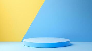 Minimalist stage with a yellow and blue backdrop creates a visually engaging presentation platform, perfect for highlighting your product. photo