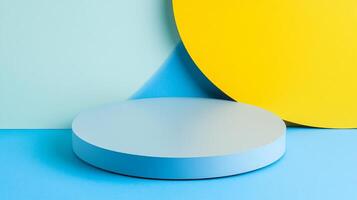 A geometric studio setup with a light blue platform, yellow circle, and angled blue backdrop. Great for product placement. photo