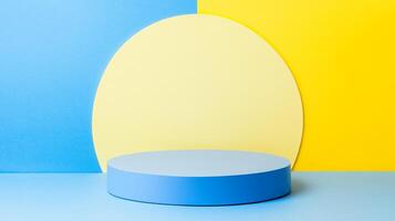 Product presentation with a geometric design on a blue platform with blue, yellow and light yellow backdrops. photo