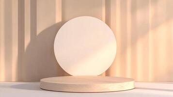 Minimalist display with soft lighting, showcasing a round stage against a textured wall, creating a sense of calm and simple elegance. photo