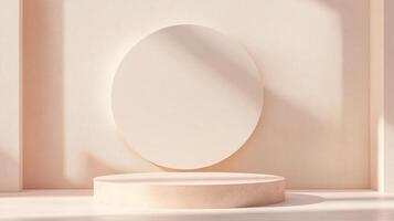 Minimalist beige product podium set with a circular backdrop against a wall bathed in soft, directional light creating subtle shadows. photo