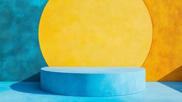 Geometric display featuring a blue platform against vibrant yellow and blue backdrops, accentuated by sunlight, creating a minimalist scene. photo