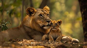 Lioness and cub bonding peacefully in the jungle, golden hour light. A moment of maternal tenderness and natural beauty. photo