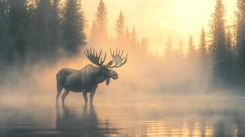 Majestic moose stands in misty water at dawn, surrounded by a forest with visible trees. A stunning nature scene. photo