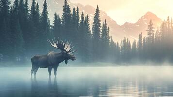 Majestic moose stands in a serene lake at sunrise, surrounded by misty forest and towering mountains. Tranquil nature scene. photo