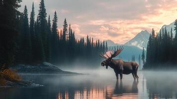 A majestic moose stands in a misty lake at sunrise. The sky is soft pink and the surrounding mountains are visible in the distance. photo