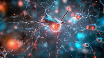 Detailed view of interconnected nerve cells transmitting signals, illuminated in vibrant blues and reds, highlighting neural pathways. photo