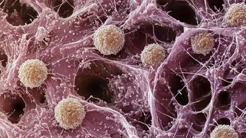 Microscopic view of cells and extracellular matrix. Round structures and intricate networks of fibers create a visually complex composition. photo